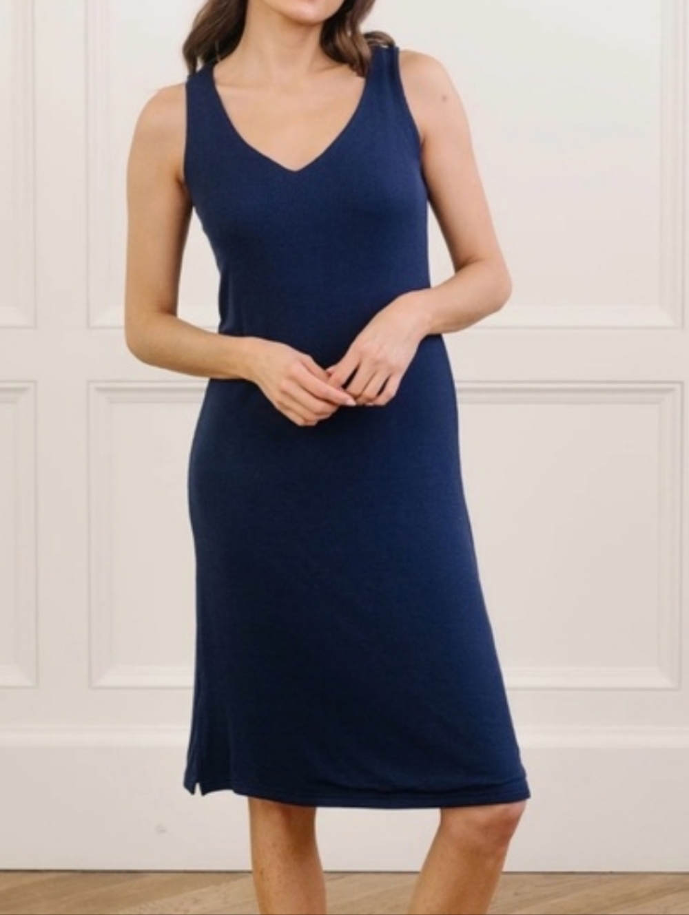 Cozy Earth Bamboo Rib-knit V-Neck Tank Dress - Navy, Large
